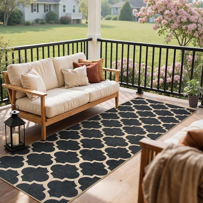 Lahome Moroccan Easy Jute Runner Rug, Black Outdoor Washable Runner Rugs for Outdoor Porch Hallway, Geometric Trellis Woven Long Carpet for Doorway, Thin Non Slip Outdoor Decor, 2'6'' x 8'