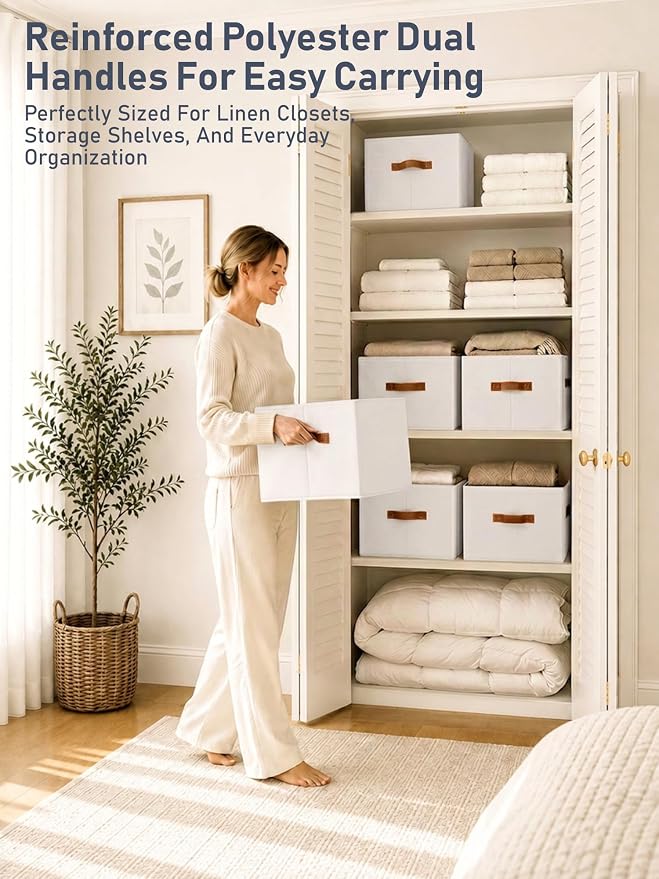 8 Pack Large Closet Storage Baskets Bins for Shelves, Collapsible Fabric Closet Organizers and Storage with Polyester Handles, Decorative Baskets for Organizing Clothes, Towels, Linen Closet 14"x10"