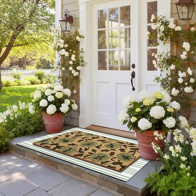 Tinideya 2 Pcs Floral Door Mat Flower Welcome Non Slip Coir Mats Floor Layering Green and White Stripe Summer Doormats Seasonal for Front Porch Entryway Decor(Floral)