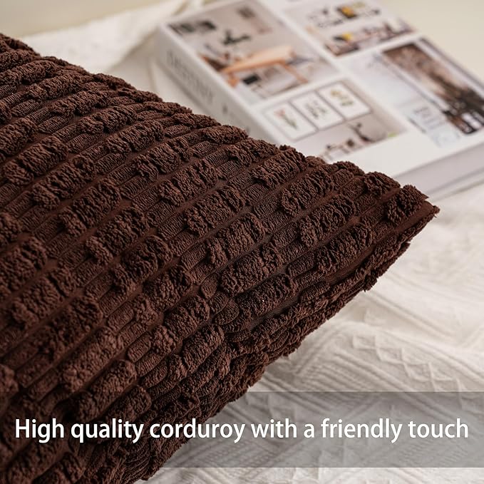 Pack of 2 Corduroy Decorative Throw Pillow Covers 16x16 Inch Soft Striped Pillow Covers Modern Farmhouse Home Decor for Sofa Living Room Couch Bed（Light Brown）