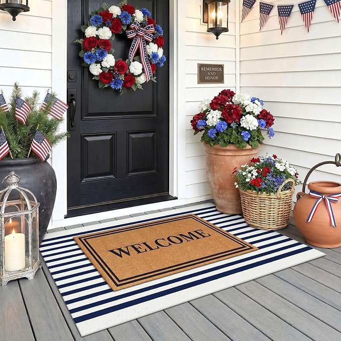 KOZYFLY Striped Rug 2.3x3.6 ft Blue White Front Door Mat Layered Doormats Woven Washable Indoor Outdoor Rug for Entryway Porch Kitchen Patio Welcome Mat Independence Day Decor