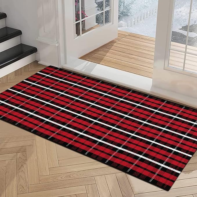 Christmas Front Door Mat Outdoor 2'X4.3' Red Plaid Porch Rug Welcome Mat | Buffalo Outdoor Rug Machine Washable Kitchen Rug Entryway Carpet Layered Door Mats Indoor Cotton Area Rug Runner for Bedroom