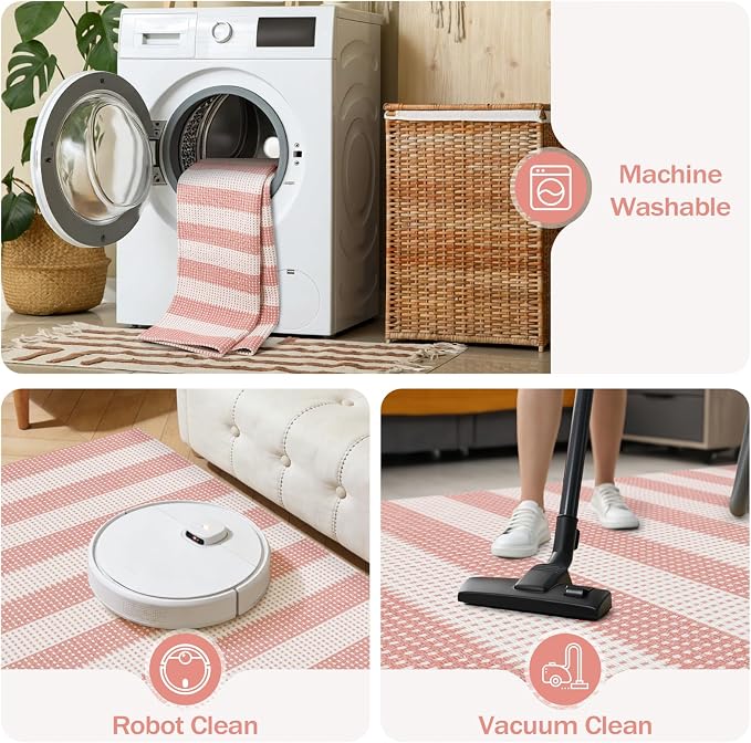 Rugalia Washable Woven Indoor Outdoor Doormat, 2x3 Pink Striped Cotton Entryway Rug Low Pile Non-Slip Small Kitchen Rug, Modern Natural Farmhouse Throw Carpet for Porch Bathroom Bedroom