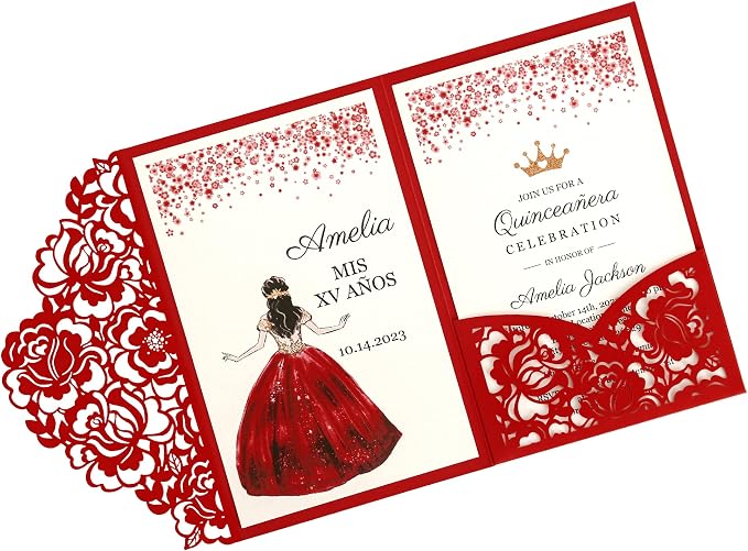 DORIS HOME 50Pcs Personalized Laser Cut Quinceanera Invitations, Red | 4.7"x7.1", Customized Quince Invitations, For 15th Birthday, Sweet 16, With Envelopes