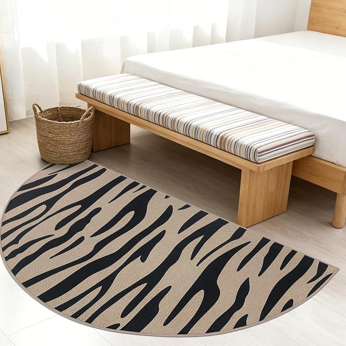 Faux Jute Rug 3x6Ft Half Circle Zebra Stripe Doormat Easy Jute Carpet for Farmhouse Bedroom Kitchen, Non-Slip Half Round Floor Mat for Living Room Kids Room Indoor Outdoor Decor, Black 6