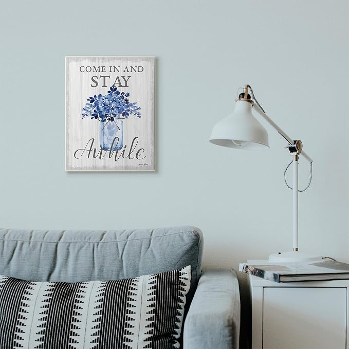 Stupell Industries Stay Awhile Blue Flower Jar Grey Word Design Wall Plaque, Multi-Color