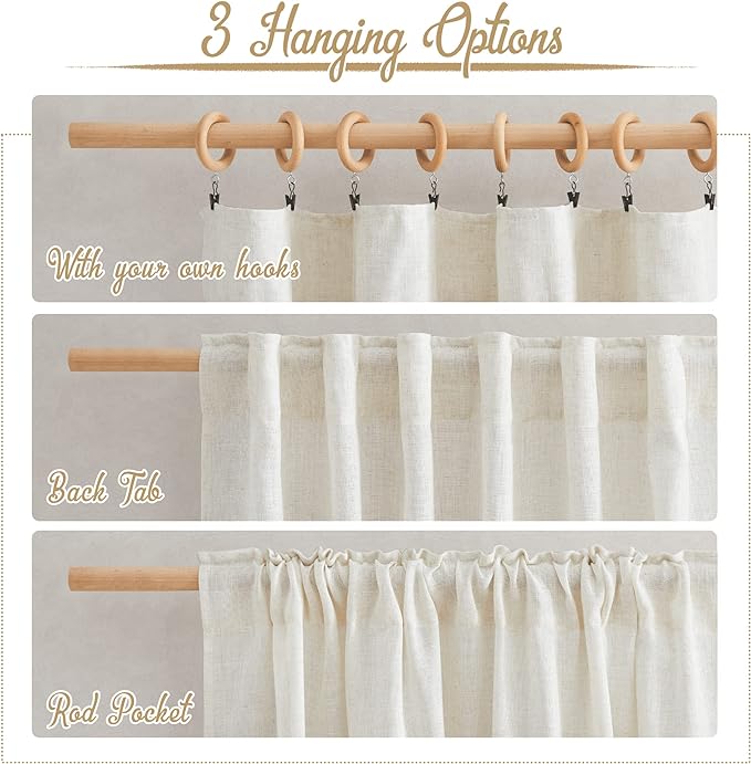 NICETOWN Natural Linen Kitchen Curtains 24 inches Long, Rod Pocket & Back Tab - Image 3