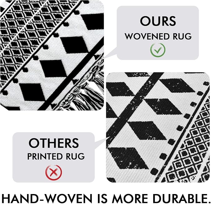 IOHOUZE Black Boho Area Rug - 4'x6' Cotton Woven Indoor Outdoor Doormat, Black White Runners for Hallways, Machine Washable Runner Rug for Kitchen Bedroom Living Room Laundry Entryway