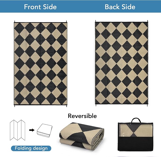 GarveeLife 8x10 Outdoor Rug for Patio Reversible, Plastic Straw Rug Waterproof Camping Rug Portable, Foldable Lightweight Mat for RV, Patio, Backyard, Deck, Picnic, Beach (Black/Offee)