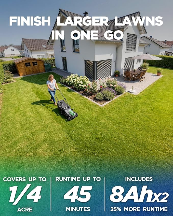 18" 40V Brushless Cordless Electric Lawn Mower | Includes Two 20V 8.0Ah Batteries & Charger, 6-Level Height Adjustment (25mm-75mm), 50L Collection Bag, and 2 Spare Blades