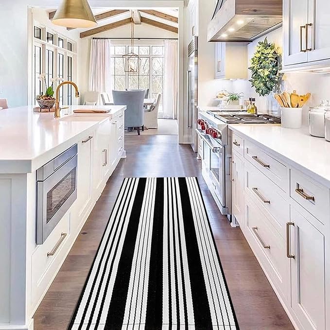 Striped Outdoor Rug 24'' x 51''Black and White Front Porch Mat, Cotton Washable Woven Layered Doormats for Entryway Bedroom
