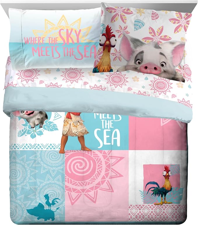 Disney Moana Queen Comforter Set 7 Piece Kids Bedding for Girls, Multi | Bed in a Bag, Comforter Sheets Shams Pillowcases, Official Brand, Soft Microfiber, Machine Washable, Girls Gift