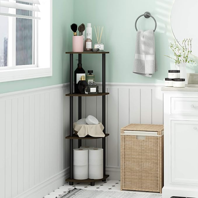 Furinno TURN-N-TUBE Corner Shelf, 4-Tier Corner Bookshelf, Display Storage Shelves with Open Shelves, for Organization and Storage, Living Room, Home Office, Garage, Dark Brown Grain
