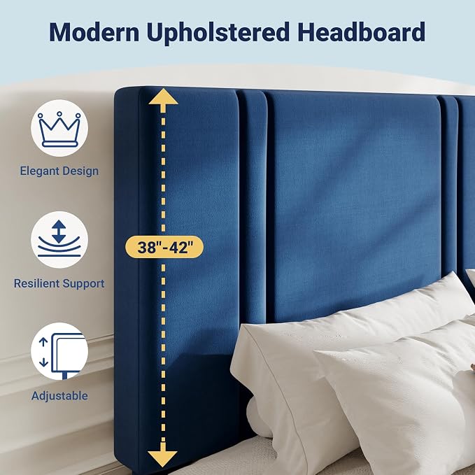 Allewie California King Size Platform Bed Frame with Adjustable Headboard | Plush Velvet Upholstered, Vertical Channel Tufted, Sturdy Wood Slats, No Box Spring Needed, Easy Assembly, Blue