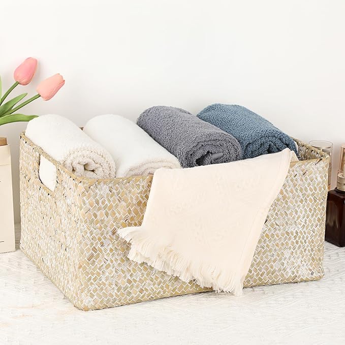 Hipiwe Wicker Shelf Baskets Seagrass Storage Opened Baskets Bin with Handle | Rectangular Closet Bedroom Basket Organizer Box, Multipurpose Woven Basket Home Organizer, Whitewash 14.6"x 10.6" x 7"