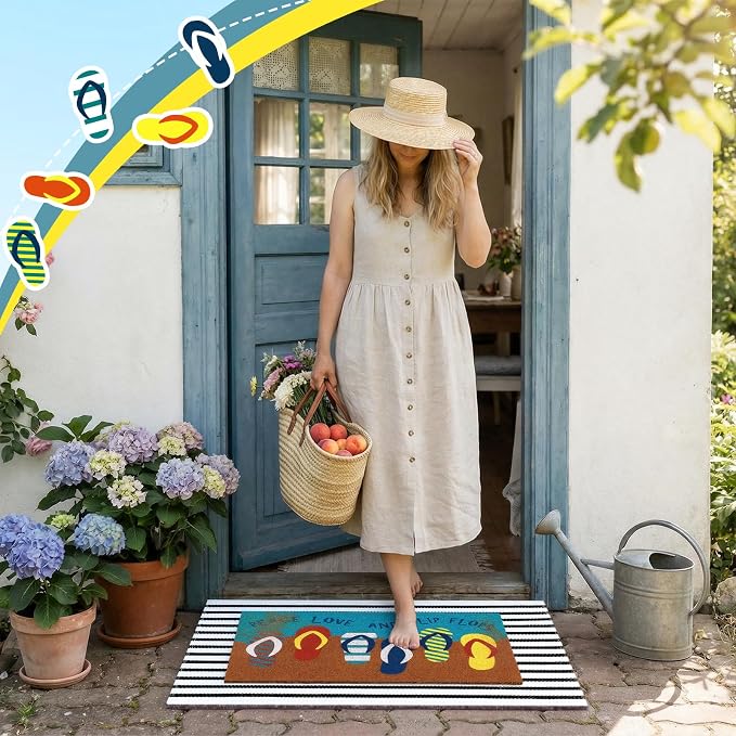 Moucuny 2 Pcs Summer Coir Doormat Outdoor, 16'' x 28'' Beach Mats Peace Love and Flip Flops Welcome Mats, 24'' x 35'' Non-Slip Outdoor Black White Stripe Layered Rug for Porch Front Entryway Decor