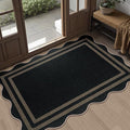 Scalloped Easy Jute Black Rug, 2.6x4 Front Door Washable Door Mat Non Slip Small Kitchen Area Rug, Farmhouse Low Pile Floor Rugs for Entryway Porch Doorway