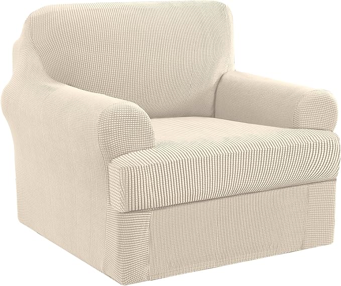 H.VERSAILTEX Stretch 2 Piece Armchair Cover Chair Covers for Living Room Furniture Cover Suit for T Cushion/Box Cushion, Spandex Jacquard Fabric Small Checks(Armchair-Oversized, Natural)
