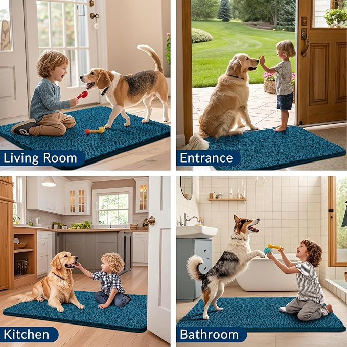 Smiry Dog Door Mat for Muddy Paws 30x20, Absorbent Dirt Trapper, Non-Slip Washable Chenille Entryway Rug for Inside Floor, Atlantic Blue, Classic Solid
