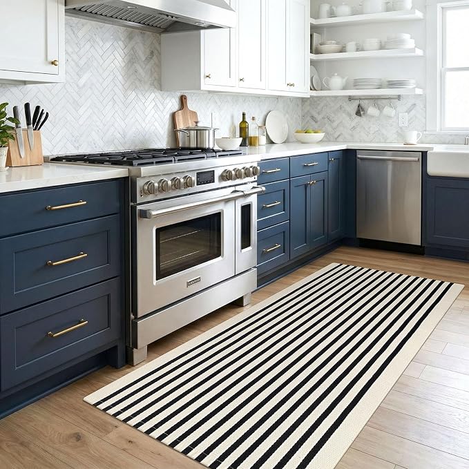 KOZYFLY 3'x5' Cotton Area Rug, Black and Beige Striped Outdoor Rug, Hand-Woven, Machine Washable, Perfect for Front Door, Kitchen, Living Room