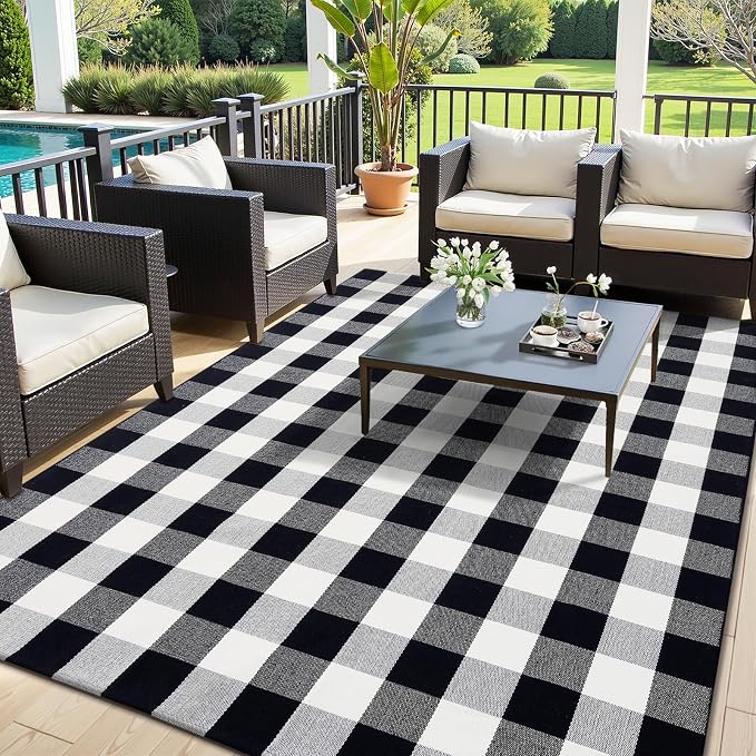 OLANLY Buffalo Plaid Rug 5' x 7' – Black and White Cotton Checkered Doormat, Washable Indoor Outdoor Rug for Layered Front Porch, Kitchen, Entryway Decor