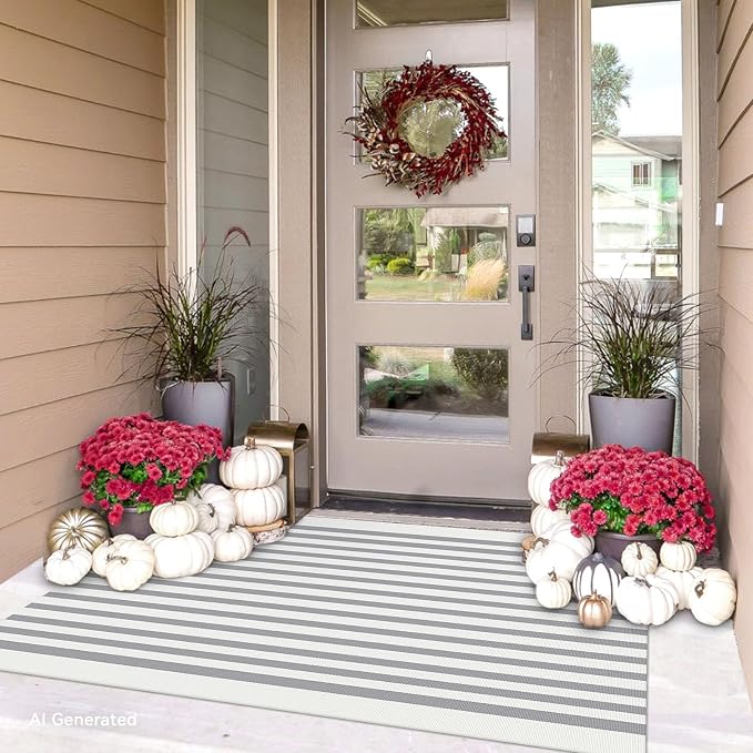 IOHOUZE Striped Area Rug 3'x5' Front Door Rugs Small Washable Area Rug for Front Porch, Spring Summer Welcome Door Mats Outdoor Indoor, Doormat for Entryway Porch Entrance, Grey/White