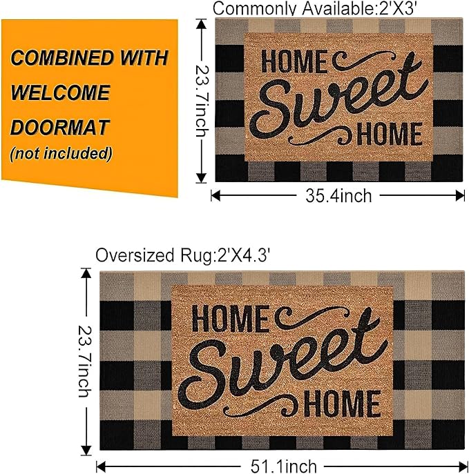 Front Porch Rug 24''x51'' Black and Tan Checkered Outdoor Rug Cotton Washable Front Door Mat Outdoor for Layered Doormat,Bedroom,Farmhouse,Entryway,Patio