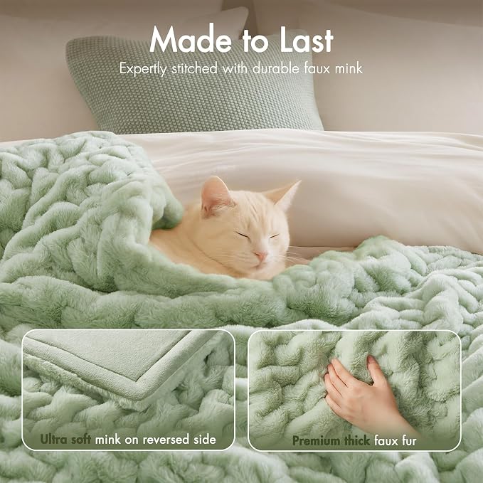 Madison Park Ruched Fur Throw Faux Fur Blanket, 50" x 60", Sage Green | Luxury, Premium, Soft Cozy Brushed Long Pile, All Season Plush Modern OEKO- TEX Certification Warm For Bed, Couch or Sofa