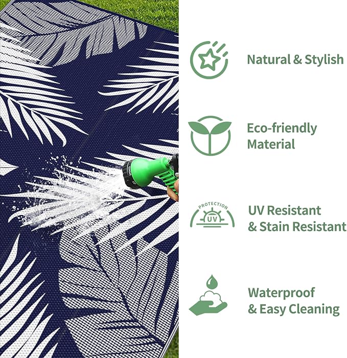GENIMO Outdoor Rug, Waterproof Plastic Runner Rugs, 2.5'x8' Navy Blue White | Outside Leaf Carpet Mat for Patio Decor, Porch, Deck, Balcony, Camping, RV, Picnic, Beach, Reversible, Foldable, Lightweight