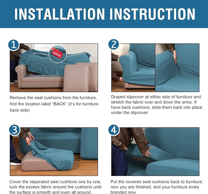 H.VERSAILTEX 3PC Stretch Sofa Covers for Loveseat - Base & 2 Seat Cushions, Thicker Jacquard Fabric (Medium, Storm Blue)