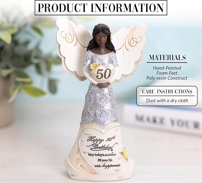 Pavilion Gift Company - Happy 50th Birthday - 6" Ebony African American Angel Figurine Religious Best Friend Bestie BFF God Jesus Lover Christian Christ Gift Present
