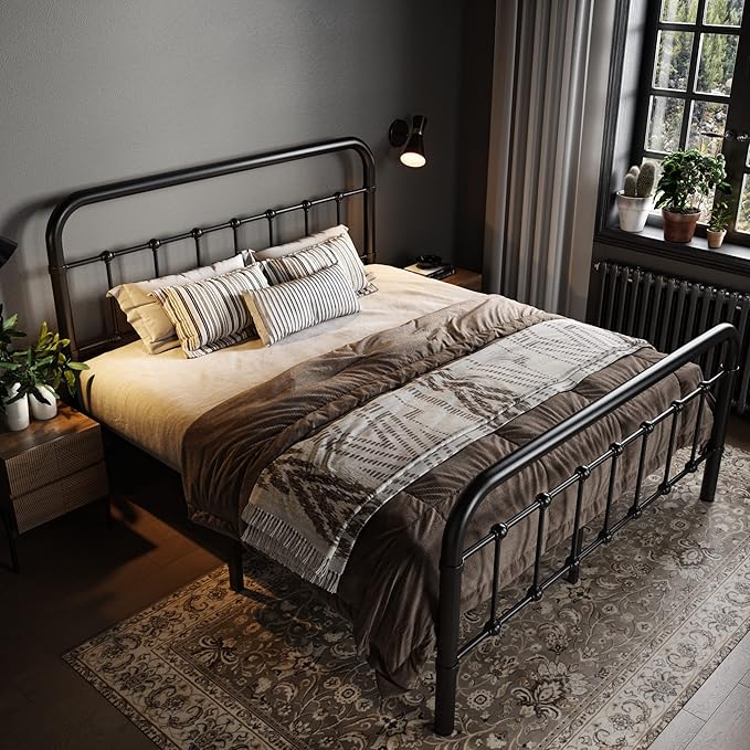 Allewie Full Metal Bed Frame with Victorian Iron-Art Headboard, Black | Victorian Style Wrought Iron-Art Headboard/Footboard, Easy Assembly, Under Bed Storage, No Box Spring Required