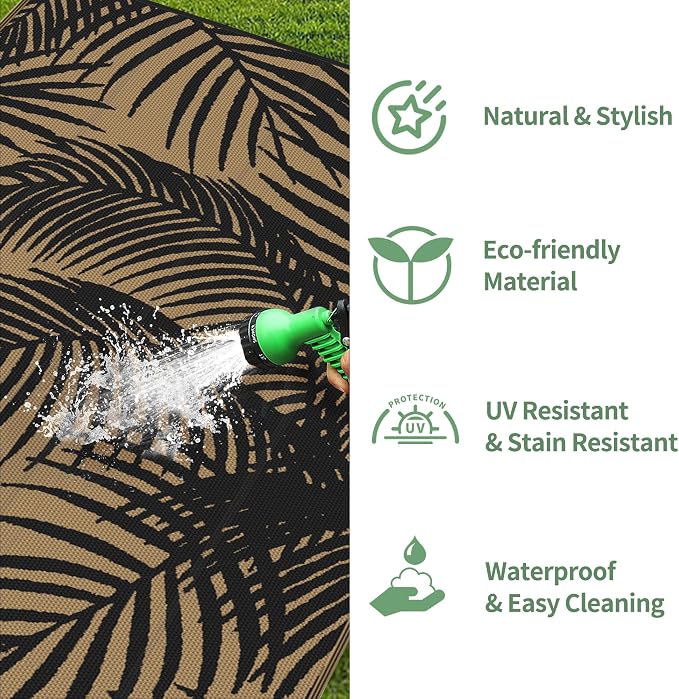 GENIMO Outdoor Rug, Waterproof Plastic Rugs for Patio, 8'x10' Black | Outside Larger Leaf Carpet Mat for Porch Decor, Deck, Balcony, Camping, RV, Backyard, Picnic, Beach, Reversible, Foldable