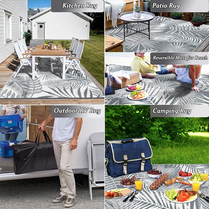 Outdoor Reversible Plastic Straw Rug, 9'x12', Cool Gray, Large Patio Mat for RV, Backyard, Deck, Picnic, Beach, Trailer, Camping