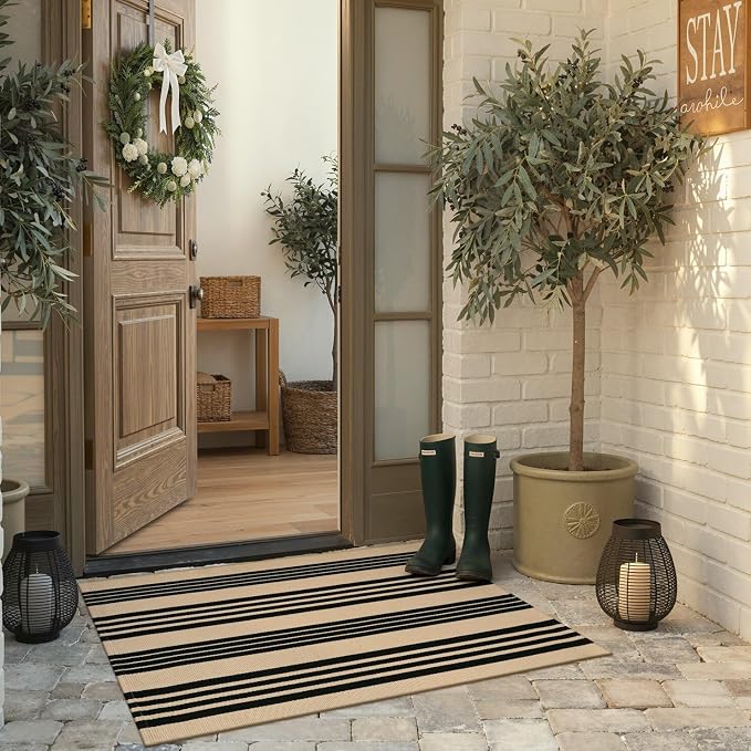 KIMODE Outdoor Rug Fall Decor 27.5"x43", Black and Khaki Striped Front Porch Rugs, Reversible Washable Front Door Mats, Hand Woven Welcome Layered Doormat Entryway Rug for Entrance Farmhouse