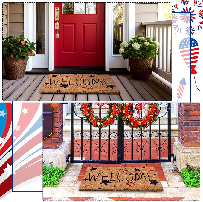Ceenna 4th of July Patriotic Coir Door Mat Outdoor Red White Blue 250th Anniversary Star Welcome Rug Patriotic Doormat Non-Slip Entrance Rugs for Independence Day Memorial Day Home Decor 16 x 28 Inch