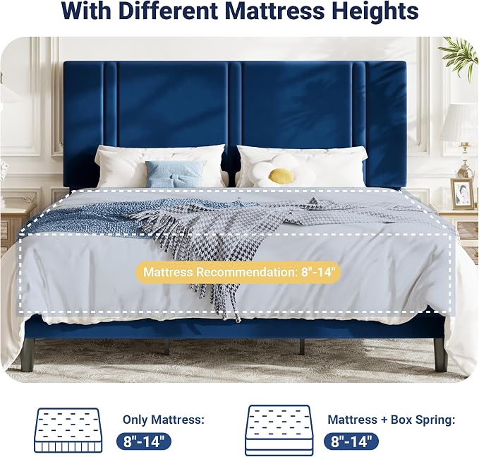 Allewie King Size Platform Bed Frame with Adjustable Headboard | Plush Velvet Upholstered, Vertical Channel Tufted, Sturdy Wood Slats, No Box Spring Needed, Easy Assembly, Blue