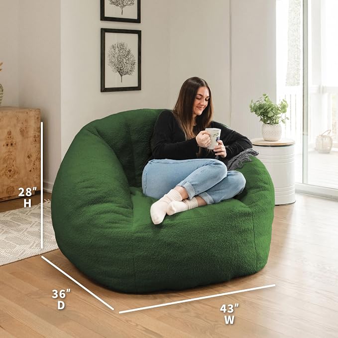 Big Joe Cloudberry Bean Bag Chair, Foam-Filled Structured Seat, Teddy Boucle, Matcha Green, Adults