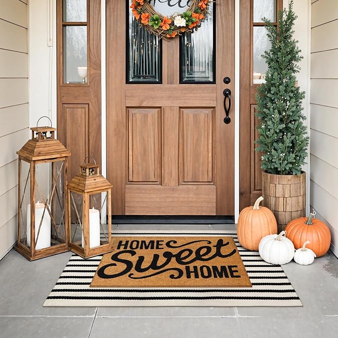 Collive Black and White Striped Door Mat 24"x35", Cotton Hand Woven Welcome Entryway Rug,Washable Small Porch Fall Decor, Welcome Door Mat for Indoor Outdoor Kitchen Farmhouse Entrance