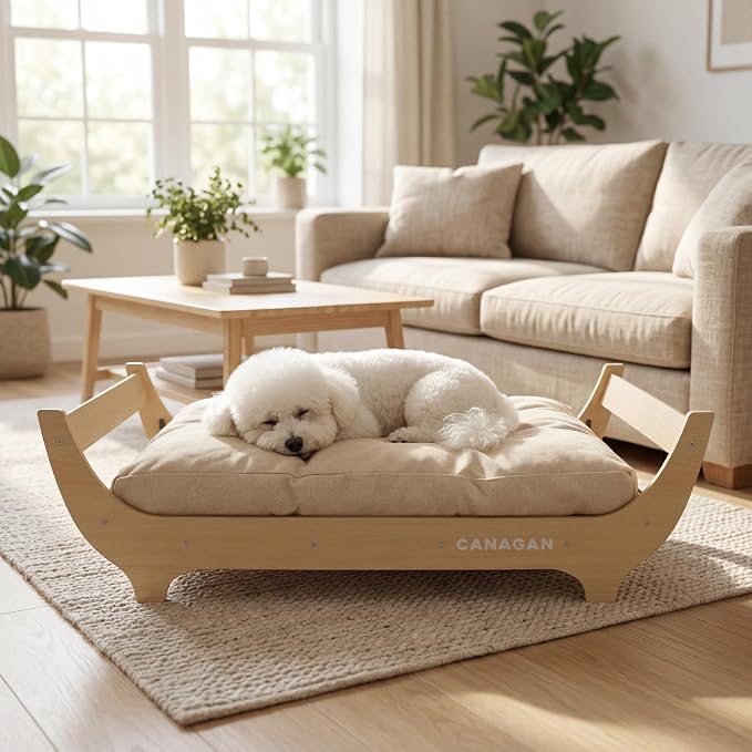 CANAGAN Elevated Wooden Dog Bed with Cushion, Natural Wood, Medium | Raised Dog Couch Bed with a Washable Cover and Plush PP-Filled Cushion, Designed for Medium Dogs and Stylish Indoor Living