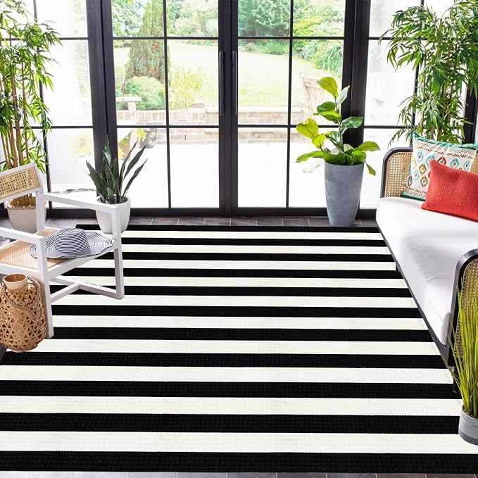 LEEVAN Outdoor Rug 5x7 Black and White Striped Patio Mat, Washable Farmhouse Front Door Decor, Cotton Reversible Balcony Rug, Foldable for Layered Porch
