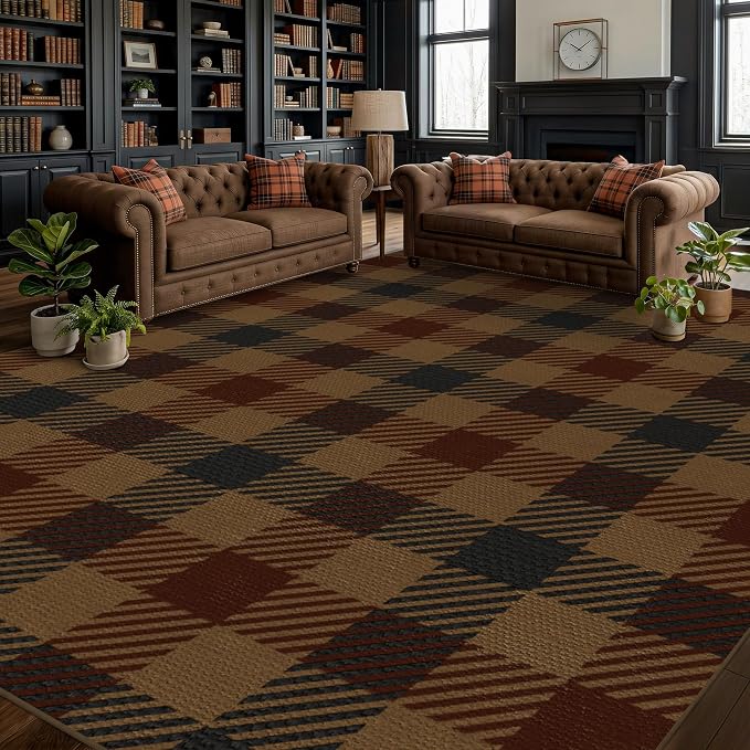 JTJ Vintage Large Plaid Area Rug for Living Room - Classic 8x10 Easy Jute Classic Brown and Red Rug for Bedroom, Dining Room, Outdoor Porch, Neutral Dark Brown Retro Décor