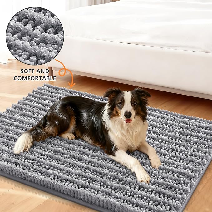 Smiry Dog Door Mat for Muddy Paws 47x17, Absorbent Dirt Trapper, Non-Slip Washable Chenille Entryway Rug for Inside Floor, Grey, Layered Pattern