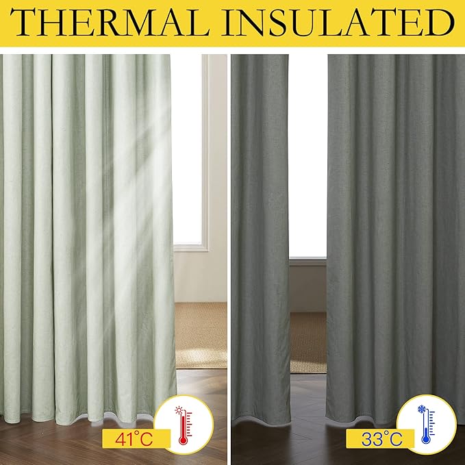 NICETOWN Sage Green 100% Blackout Linen Texture Curtains 90 inches Long 2 Panels for Boy's Room, Thermal Insulated Full Blackout 2-Layer Lined Drapes, Energy Efficiency Window Draperies