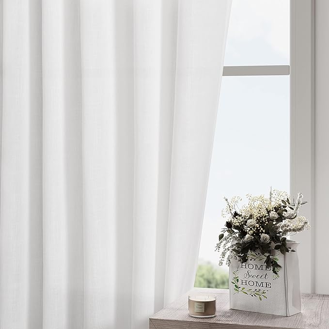 Nanspring Linen White Curtains for Living Room 2 Panels Set Extra Long Back Tab Light Filtering Semi Sheer Drapes Modern Farmhouse Decor Linen Textured Curtain for Floor to Ceiling Window 52x131