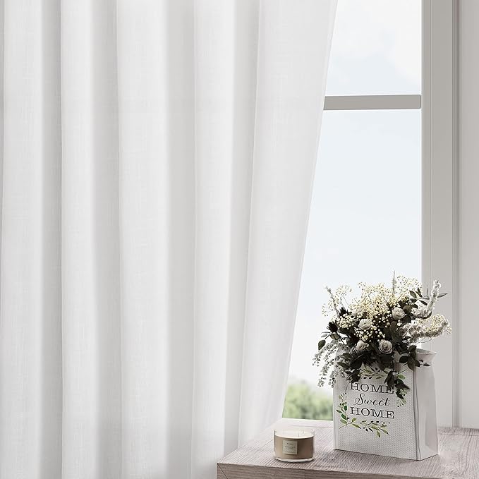 Nanspring White Linen Curtains 96 inches Long for Bedroom Back Tab Light Filtering Privacy Sheer Curtains Modern Farmhouse Coastal Decor White Cotton Textured Gauze Curtain 2 Panel Set 70x96