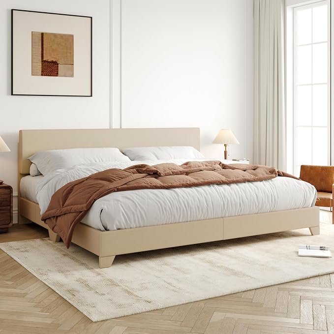 Allewie King Size Upholstered Bed Frame Adjustable Headboard, Beige | Platform Bed with Heavy Duty Mattress Foundation, Noise-Free, Easy Assembly, Wood Slat Support, No Box Spring Needed