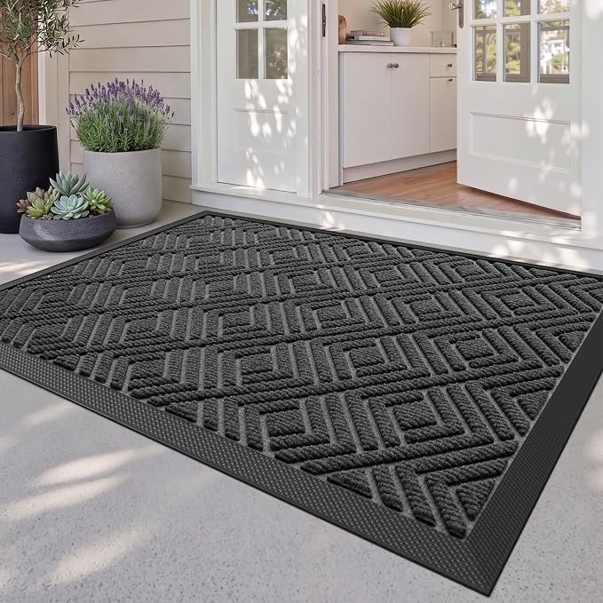 DEXI Front Door Mat Outside Entrance, 32x48 Heavy Duty Entry Doormat Dirt Trapper with Rubber Back, Non Slip Low Profile Floor Mats for Entryway Exterior Patio, Checkered Grey