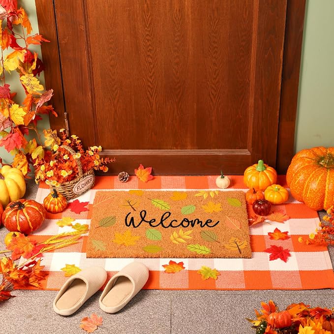 Moucuny 2 Pcs Fall Nature Coir Doormat Outdoor Maple Leave Welcome Mat, Orange and White Plaid Outdoor Rug Non Slip Floor Door Mat for Entrance Front Porch Decor, 24'' x 35'', 16'' x 28''