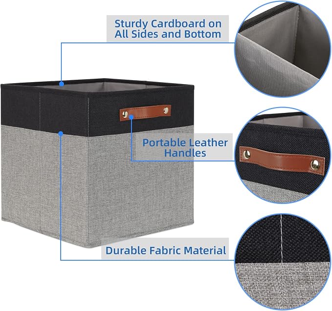 Temary 13 x 13 Storage Cubes Foldable Storage Cubes 4 Pack Canvas Storage Bin for Home, Square Storage Baskets with Leather Handles (Black&Grey)